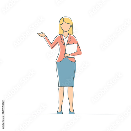 Businesswoman in Peach Blazer and Blue Skirt Holding Folder with Gesturing Hand