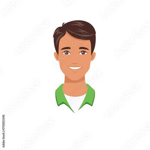 Cartoon illustration of a young man with short brown hair smiling and wearing a green collared shirt.