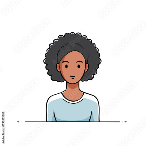 Portrait of a woman with curly dark hair wearing a light blue shirt