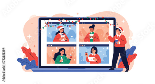 Friends celebrating the winter holidays together virtually using their computers.