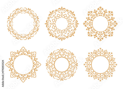 Set of decorative frames Elegant vector element for design in Eastern style, place for text. Floral golden and white borders. Lace illustration for invitations and greeting cards