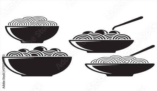 Black silhouette noodle bowl set for food and menu illustrations