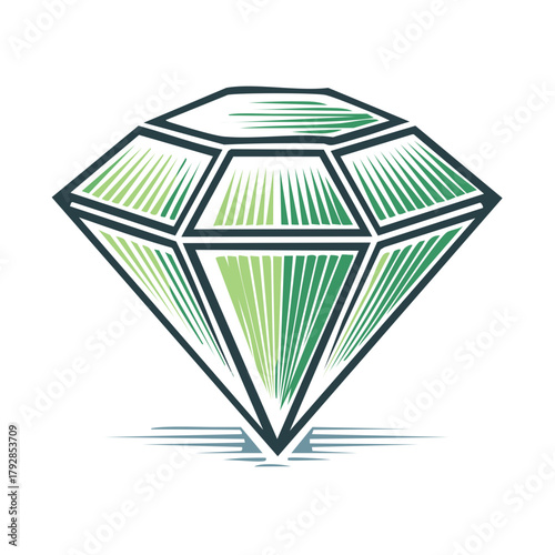 Stylized green faceted diamond gemstone vector illustration with vibrant line art details
