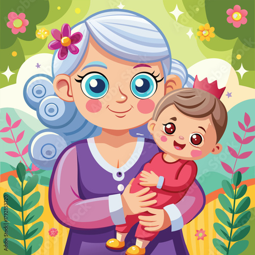 Caring mother holding happy baby with crown, whimsical illustration