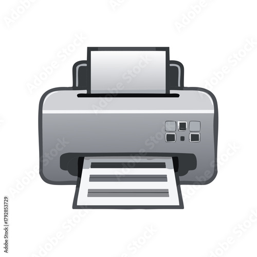 Modern gray printer with paper feeding out and blank screen on top