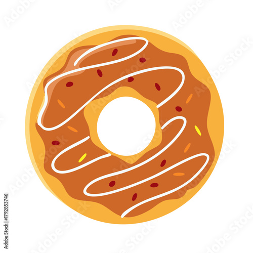 Delicious frosted donut with colorful sprinkles and white icing drizzle, isolated vector illustration