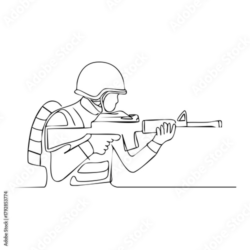 Continuous line art illustration of a soldier aiming a rifle a symbol of military defense and security