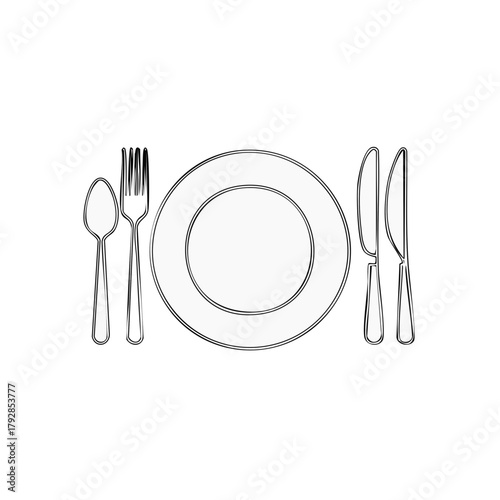 Elegant Place Setting Illustration Minimalist Line Art Design Featuring Dinner Plate Cutlery Fork Spoon and Knife Set Outline