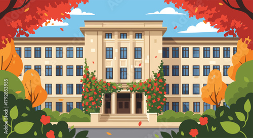 An autumn scene unfolds with a grand building surrounded by vibrant trees and falling leaves.
