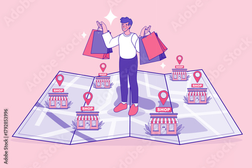 A happy customer celebrates a successful shopping spree in this retail concept. The man holds shopping bags and stands on a map of a franchise network, illustrating a store locator or customer journey