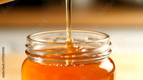 Pouring golden honey into a glass jar creates a naturally sweet and visually appealing image in
