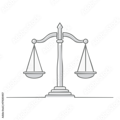 Simple line art drawing of balanced scales of justice in monochrome gray