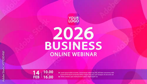 2026 business event with this corporate online webinar banner. This template features a modern abstract fluid background in pink, perfect for a marketing conference or future trends presentation.