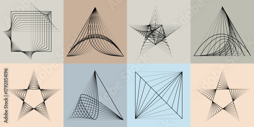 Abstract visual harmony of basic shapes lines , perfect for digital branding. Linear circular art with balanced curves ideal for posters, packaging and web design. Vector rotational shapes set.