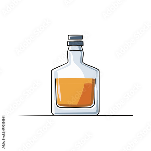 Simple illustrated bottle of amber spirit drink with a black cap minimalist design
