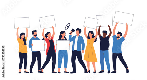 A diverse group of people holding blank signs and raising their hands in support of a cause.