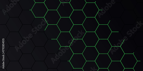 Abstract background with hexagon pattern design and shining green light lines. Modern and futuristic hexagonal style concept for covers, presentations, certificates, marketing and websites. EPS. 2