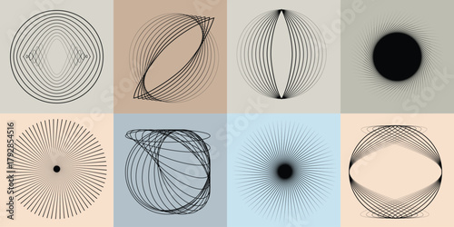 Abstract visual harmony of circles and curved lines , perfect for digital branding. Linear circular art with balanced curves ideal for posters, packaging and web design. Vector rotational shapes set.