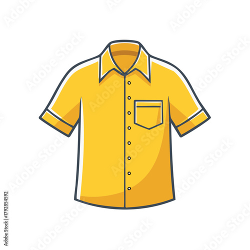 Bright yellow short sleeve collared shirt with front pocket and buttons vector illustration fashion apparel
