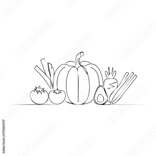 Clean Line Art Composition of Fresh Vegetables Including Pumpkin Tomato Leek and Avocado