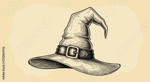 An enchanting old wizard hat illustration with intricate details and a whimsical pointed crown for magical adventures.