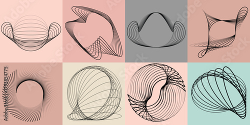 Abstract visual harmony of circles and curved lines , perfect for digital branding. Linear circular art with balanced curves ideal for posters, packaging and web design. Vector rotational shapes set.