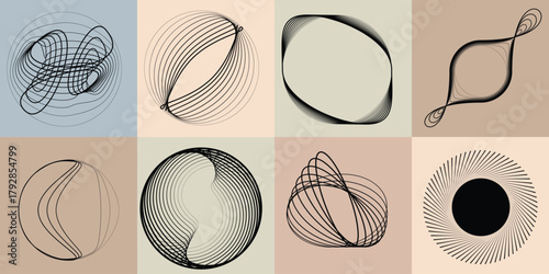 Abstract visual harmony of circles and curved lines , perfect for digital branding. Linear circular art with balanced curves ideal for posters, packaging and web design. Vector rotational shapes set.