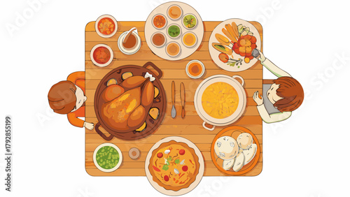 Overhead view of a family enjoying a delicious roasted chicken dinner with various side dishes and vegetables on a wooden table