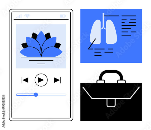 Smartphone showing meditation app, graphical lungs diagram with health data, and black briefcase icon. Ideal for wellness, healthcare, business balance, relaxation, mindfulness, technology work-life
