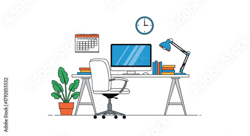 A functional modern home office setup with a desk computer chair plant and clock.