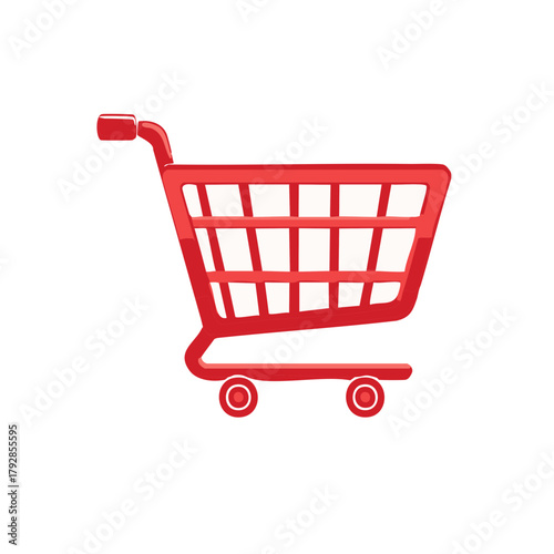 Red metal shopping cart with wheels for retail and commerce