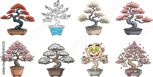 Creative collection of bonsai tree illustrations in various artistic styles, including cartoon, abstract, and realistic
