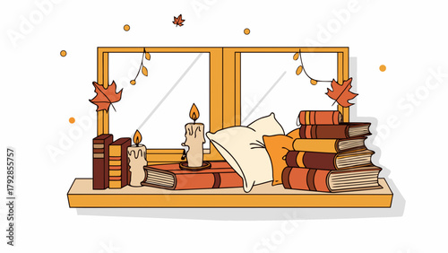 Cozy autumn scene with stacked books lit candles and fall leaves on a windowsill
