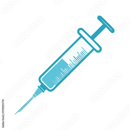 Healthcare medical syringe icon with blue liquid and needle symbolizing vaccination and treatment