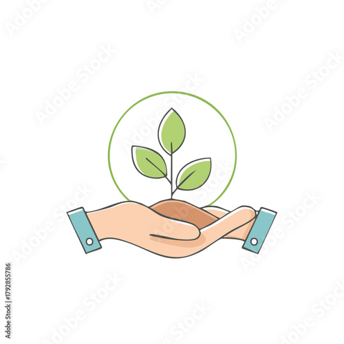 Hands holding a new green plant seedling with soil inside a circle symbolizing growth and nurturing