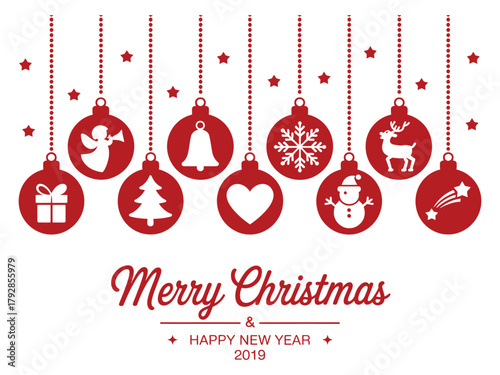 Festive red Christmas ornaments with holiday symbols hang against a white background, celebrating the season.