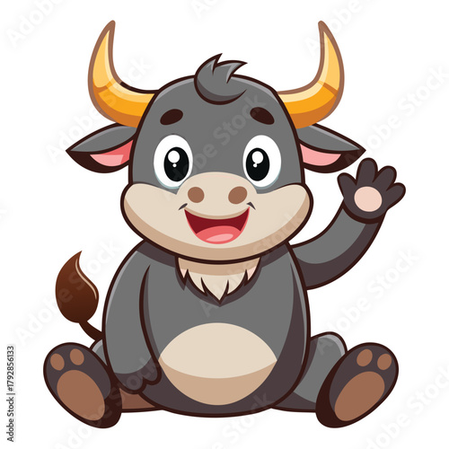 Cute cartoon bull calf sitting and waving friendly illustration