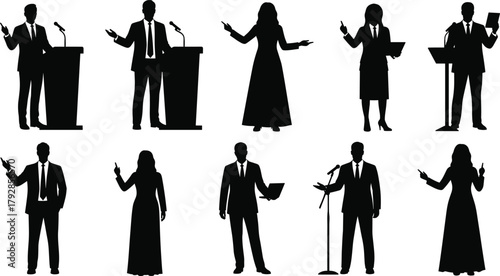 Public speaker silhouette set, podium presentation, formal attire, speech gestures, black and white vector, communication, conference illustration
