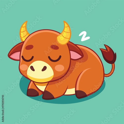 Cute cartoon ox sleeping peacefully, charming animal illustration.