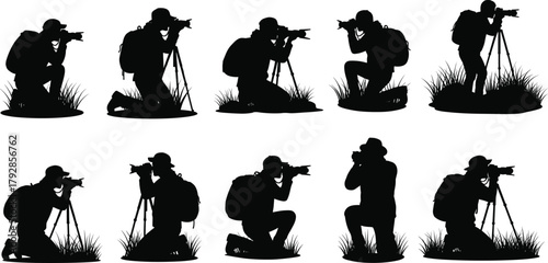 Photographers silhouette, outdoor photography poses, tripod use, nature expedition, camera handling, field technique, backpack gear, crouching stance - flavector
