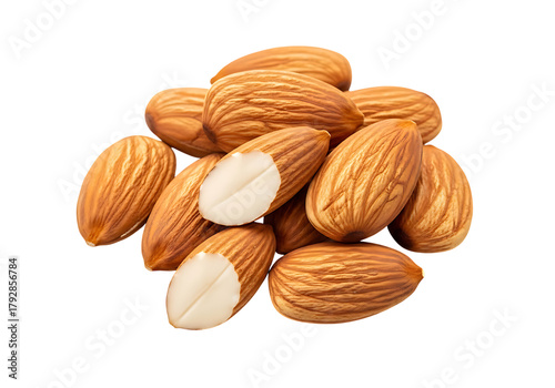 A pile of whole and halved almonds with a textured brown skin isolated on transparent background