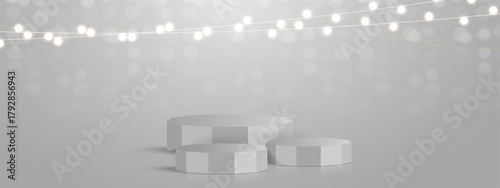 Merry Christmas sale promotion poster banner with product display and festive decoration light background. Christmas Product podium with holiday decoration theme.