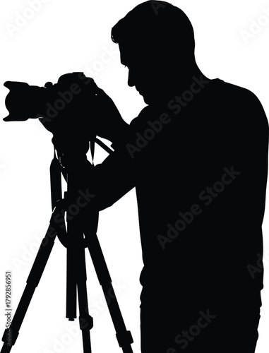 Photographer silhouette, camera tripod setup, professional photography, creative artist, lens adjustment, photo shoot concept, hobby photographer, dark outline, studio equipment, visual art