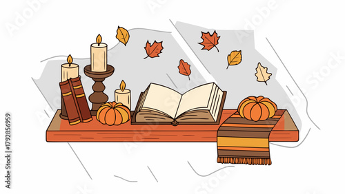 Cozy autumn scene with an open book lit candles pumpkins and falling leaves on a wooden shelf