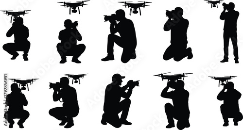 Photographer silhouette set with drones, camera poses, aerial photography, black and white vector, modern photo technology illustration