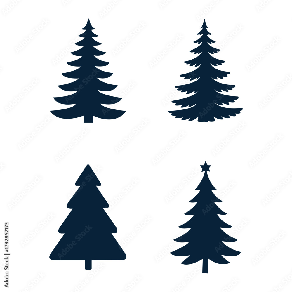 Obraz premium Four Dark Blue Silhouette Christmas Trees on White Background
