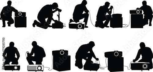 Projector setup silhouette set, people adjusting equipment, connecting cables, operating AV gear, black and white vector illustration, presentation preparation poses, flavector