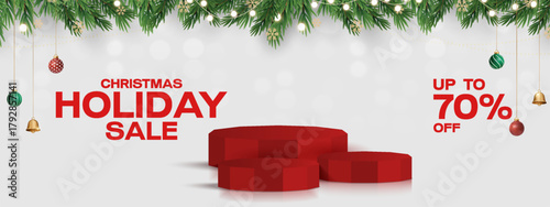 Merry Christmas sale promotion poster banner with product display and festive decoration light background. Christmas Product podium with holiday decoration theme.