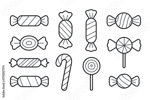 Collection of simple line art illustrations of various candies and sweets