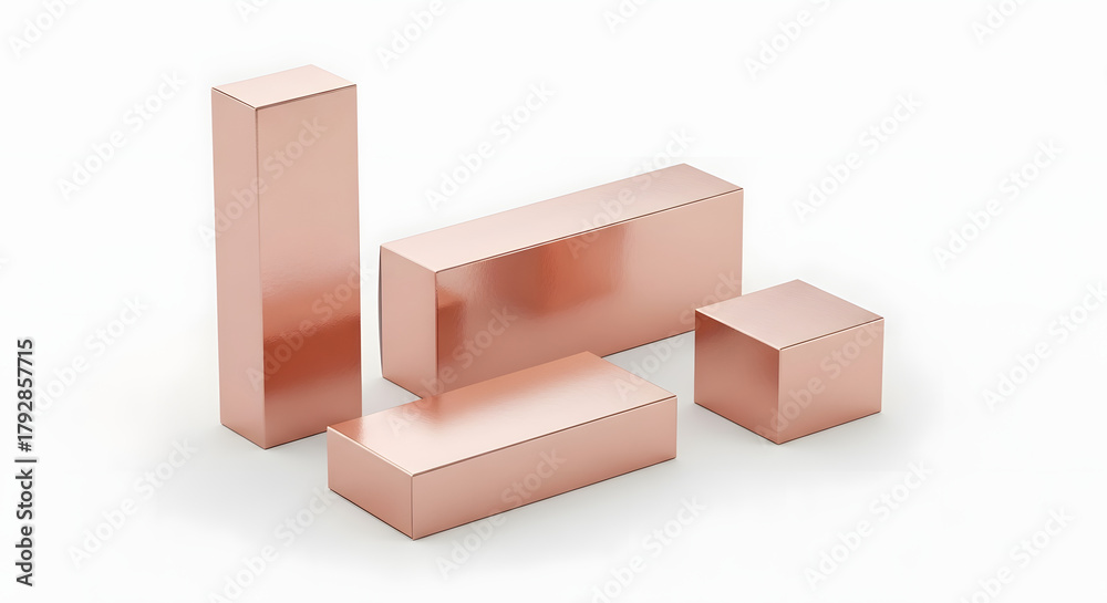Obraz premium Four Rose Gold Metallic Boxes in Various Geometric Shapes.